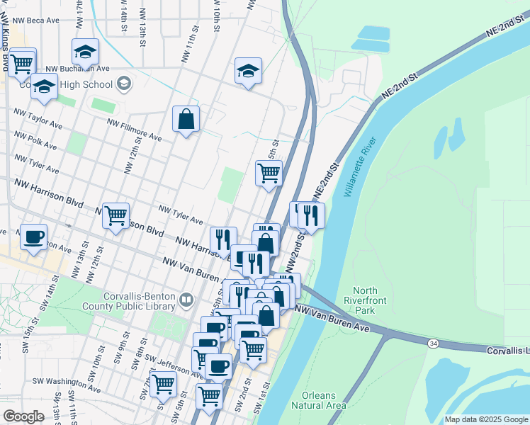 map of restaurants, bars, coffee shops, grocery stores, and more near 602 Northwest 4th Street in Corvallis