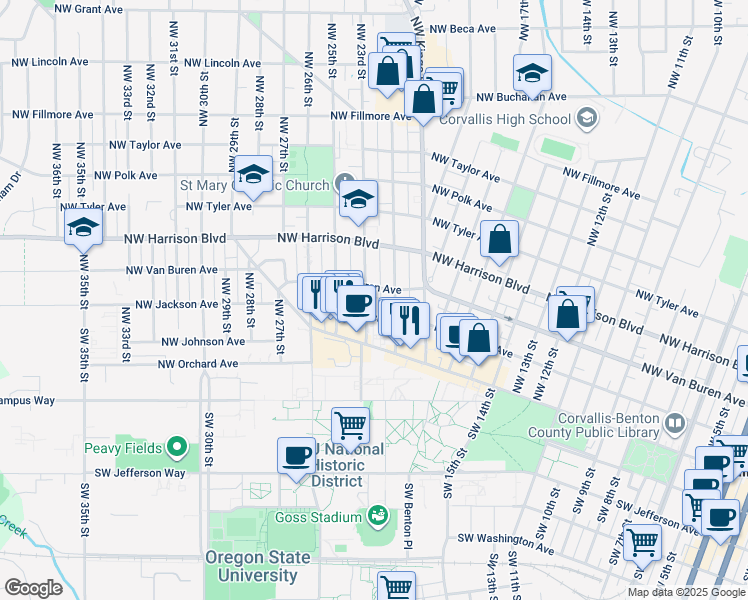 map of restaurants, bars, coffee shops, grocery stores, and more near 2305 Northwest Monroe Avenue in Corvallis
