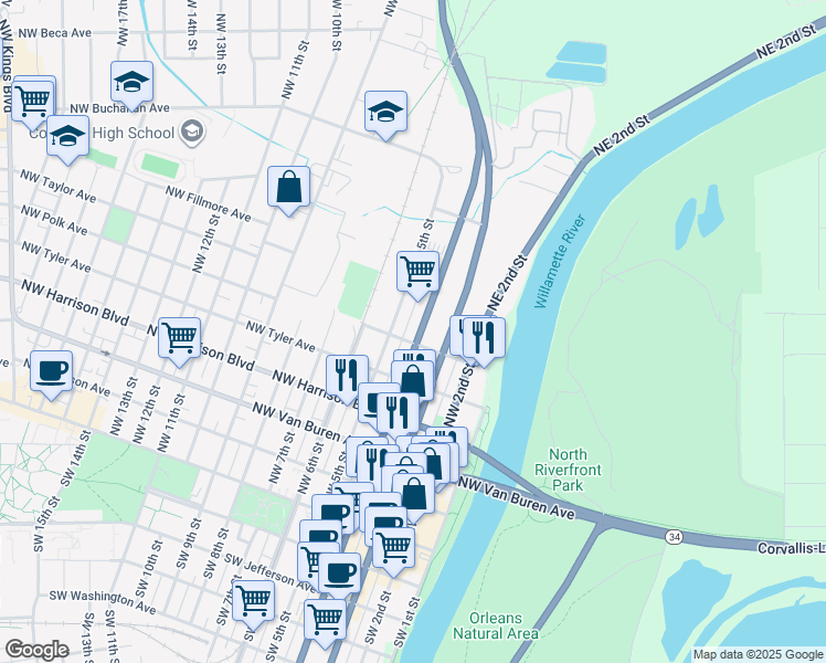 map of restaurants, bars, coffee shops, grocery stores, and more near 602 Northwest 4th Street in Corvallis