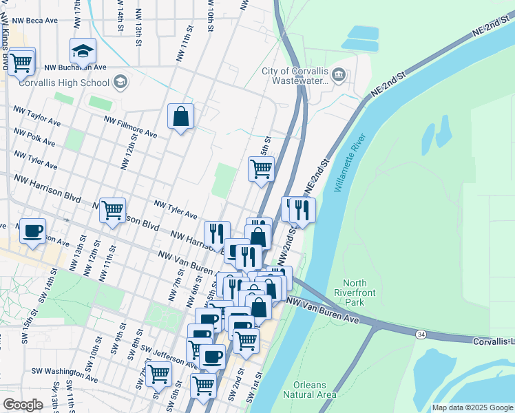 map of restaurants, bars, coffee shops, grocery stores, and more near 544 Northwest 4th Street in Corvallis