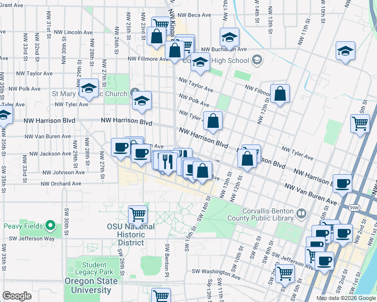 map of restaurants, bars, coffee shops, grocery stores, and more near 222 Northwest 17th Street in Corvallis