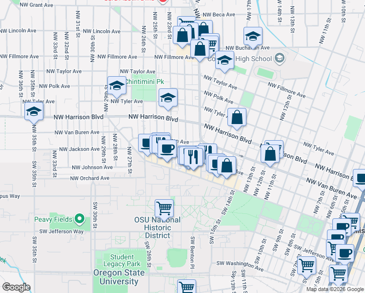 map of restaurants, bars, coffee shops, grocery stores, and more near 213 Northwest 21st Street in Corvallis