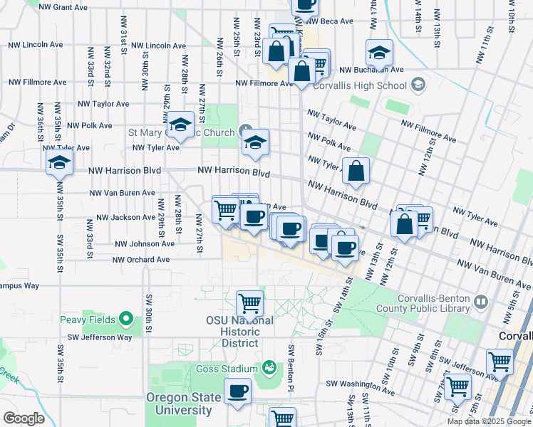 map of restaurants, bars, coffee shops, grocery stores, and more near 2305 Northwest Monroe Avenue in Corvallis