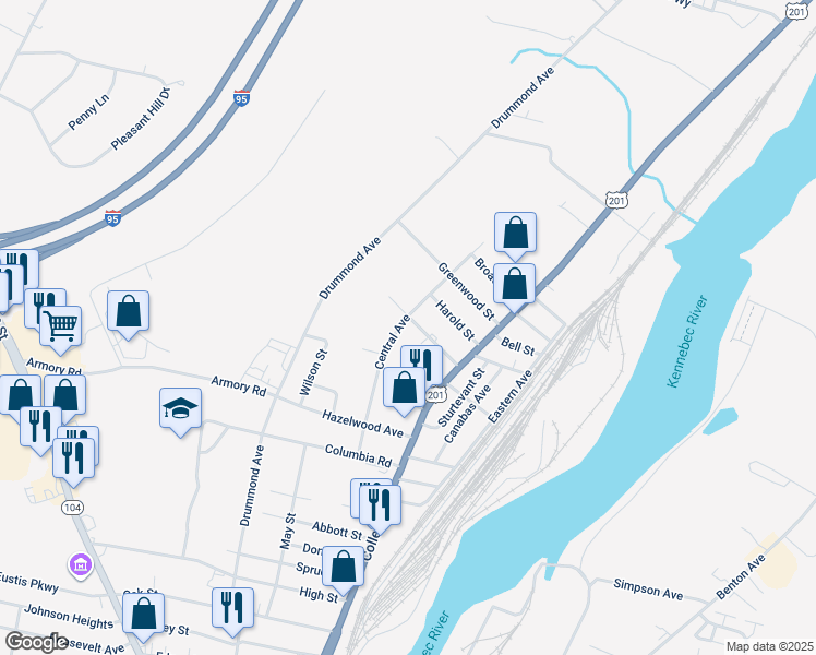 map of restaurants, bars, coffee shops, grocery stores, and more near 39 Central Avenue in Waterville
