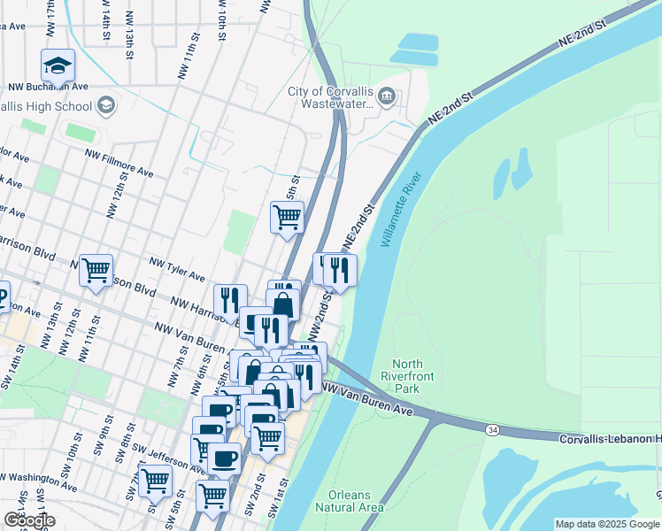 map of restaurants, bars, coffee shops, grocery stores, and more near 698 U.S. 20 in Corvallis