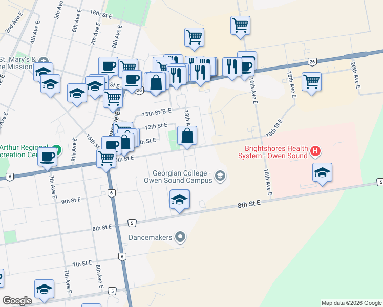 map of restaurants, bars, coffee shops, grocery stores, and more near 10 Lamson Crescent in Owen Sound