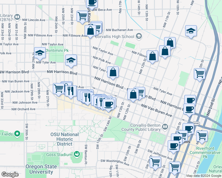 map of restaurants, bars, coffee shops, grocery stores, and more near 318 Northwest 15th Street in Corvallis