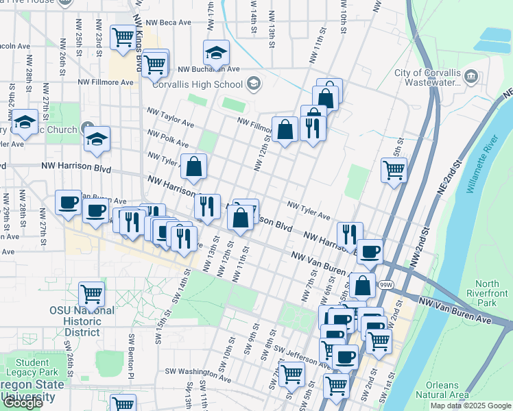 map of restaurants, bars, coffee shops, grocery stores, and more near 1114 Northwest Harrison Boulevard in Corvallis
