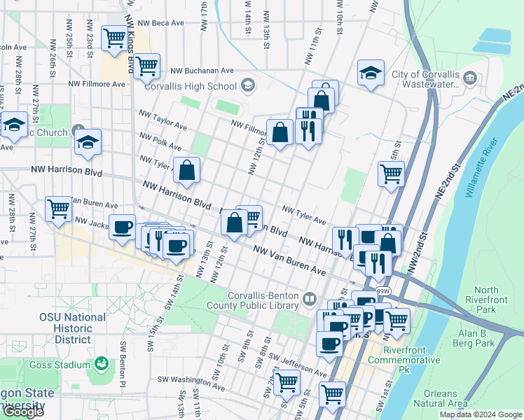 map of restaurants, bars, coffee shops, grocery stores, and more near 412 Northwest 10th Street in Corvallis
