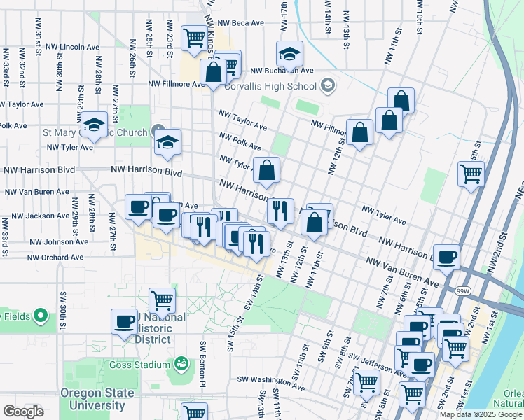 map of restaurants, bars, coffee shops, grocery stores, and more near 300 Northwest 14th Street in Corvallis