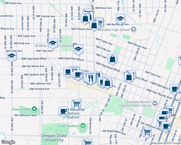 map of restaurants, bars, coffee shops, grocery stores, and more near 213 Northwest 21st Street in Corvallis