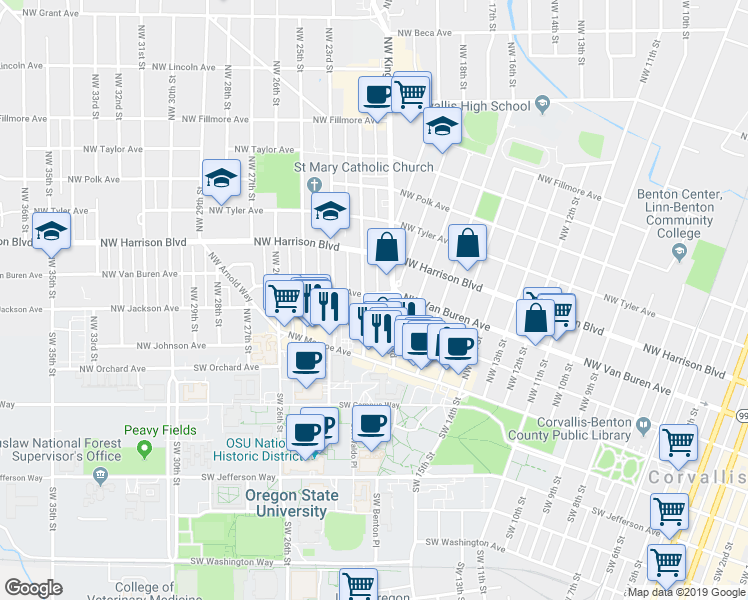 map of restaurants, bars, coffee shops, grocery stores, and more near 213 Northwest 21st Street in Corvallis