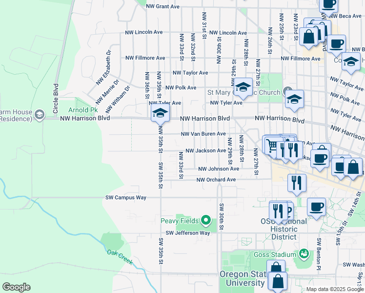 map of restaurants, bars, coffee shops, grocery stores, and more near 135 Northwest 33rd Street in Corvallis