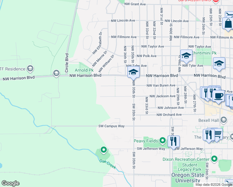 map of restaurants, bars, coffee shops, grocery stores, and more near 3720 Northwest Jackson Avenue in Corvallis
