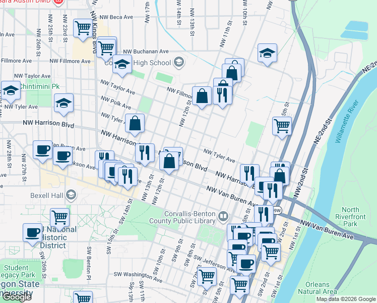 map of restaurants, bars, coffee shops, grocery stores, and more near 437 Northwest 11th Street in Corvallis