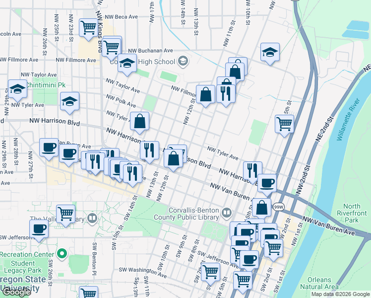 map of restaurants, bars, coffee shops, grocery stores, and more near 426 Northwest 11th Street in Corvallis