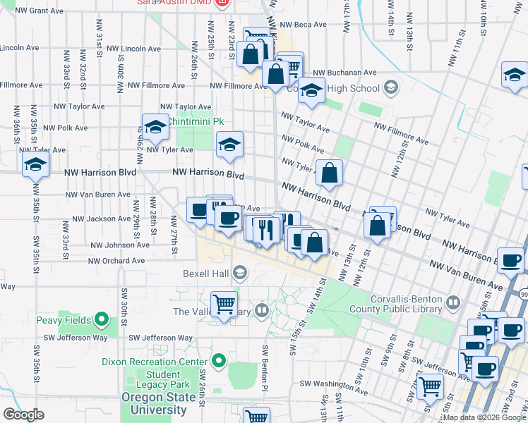 map of restaurants, bars, coffee shops, grocery stores, and more near 2050 Northwest Van Buren Avenue in Corvallis