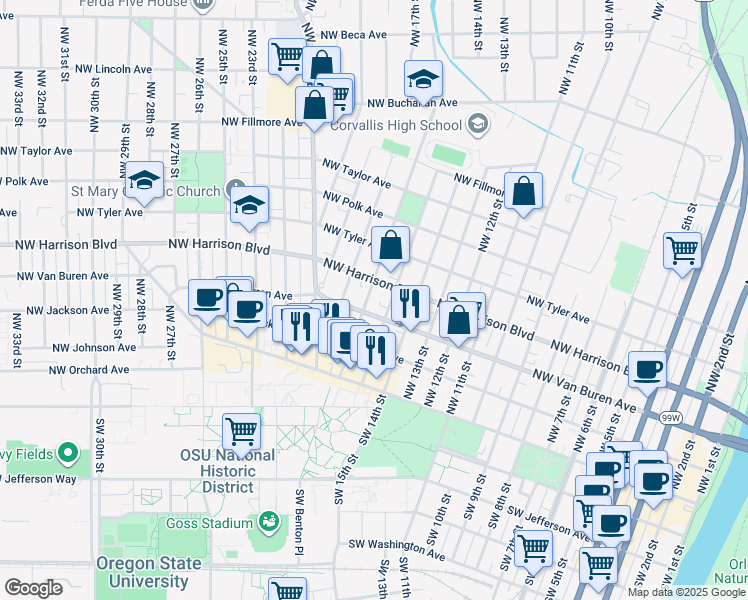map of restaurants, bars, coffee shops, grocery stores, and more near 319 Northwest 16th Street in Corvallis