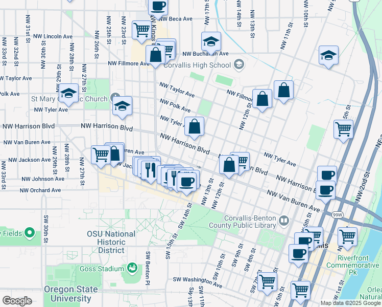 map of restaurants, bars, coffee shops, grocery stores, and more near 300 Northwest 14th Street in Corvallis