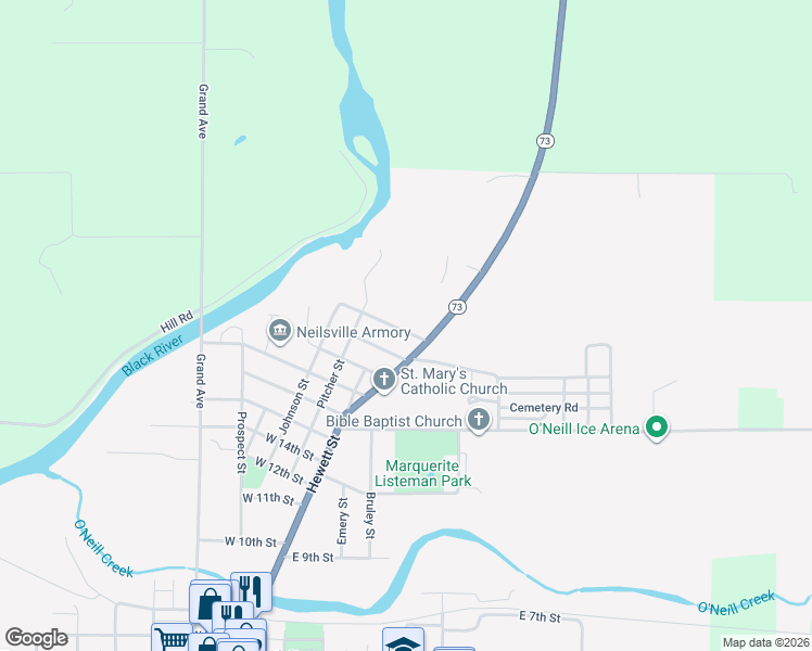 map of restaurants, bars, coffee shops, grocery stores, and more near 113 21st Street in Neillsville