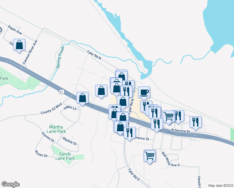 map of restaurants, bars, coffee shops, grocery stores, and more near 160 Tyler Road North in Red Wing