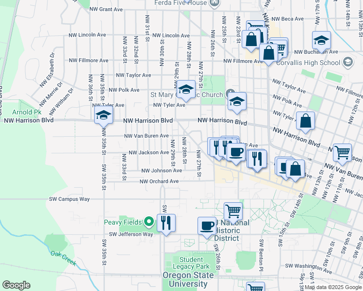 map of restaurants, bars, coffee shops, grocery stores, and more near 218 Northwest 28th Street in Corvallis