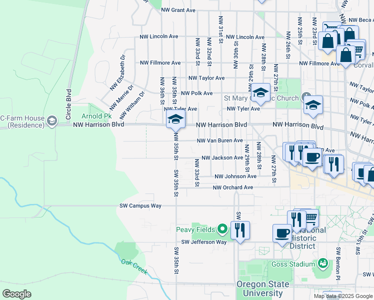 map of restaurants, bars, coffee shops, grocery stores, and more near 141 Northwest 35th Street in Corvallis