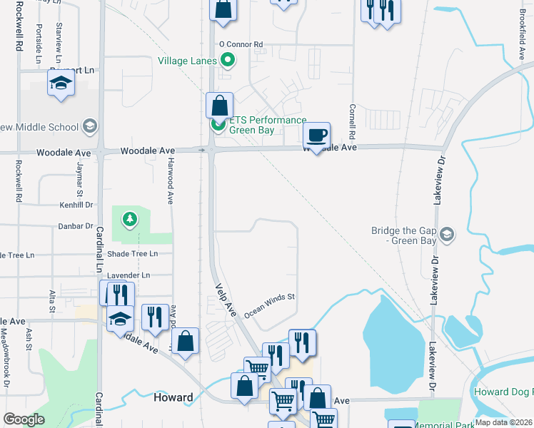 map of restaurants, bars, coffee shops, grocery stores, and more near 2271 Southern Cross Road in Green Bay