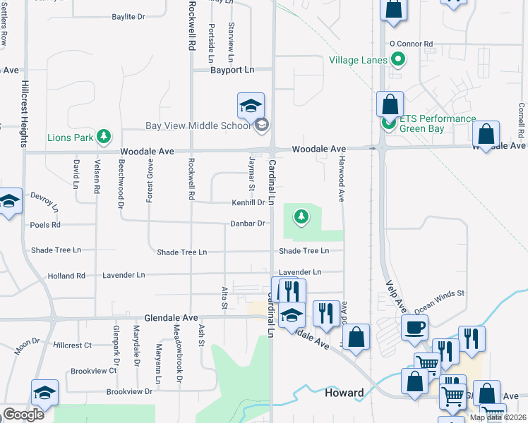 map of restaurants, bars, coffee shops, grocery stores, and more near 1024 Cardinal Lane in Green Bay