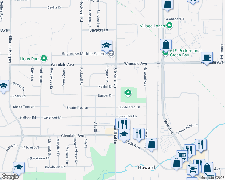 map of restaurants, bars, coffee shops, grocery stores, and more near 1024 Cardinal Lane in Green Bay