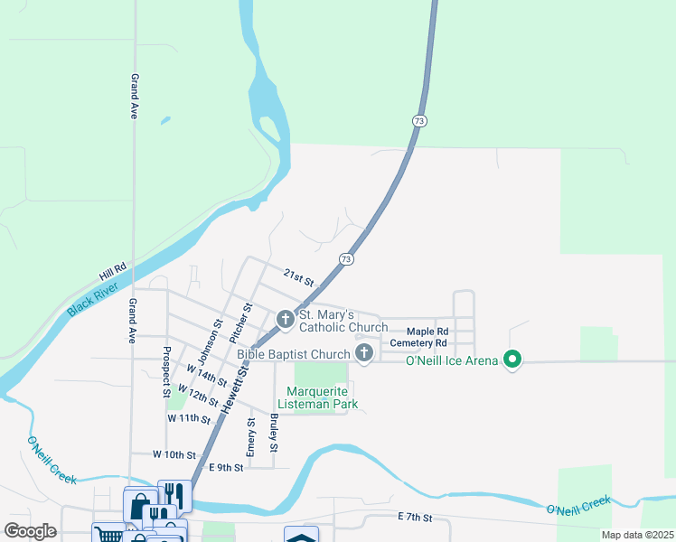 map of restaurants, bars, coffee shops, grocery stores, and more near 2103 Black River Road in Neillsville