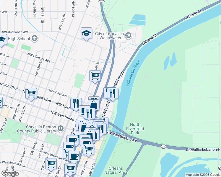 map of restaurants, bars, coffee shops, grocery stores, and more near 698 U.S. 20 in Corvallis