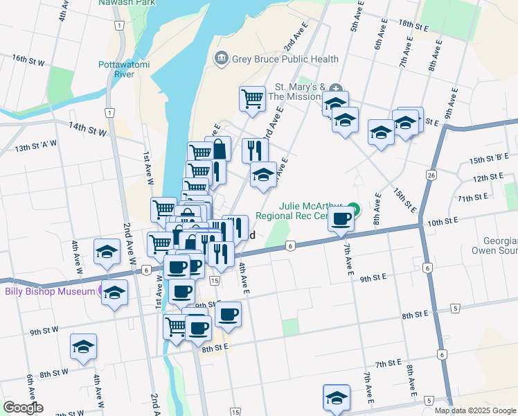 map of restaurants, bars, coffee shops, grocery stores, and more near 1154 4th Avenue East in Owen Sound