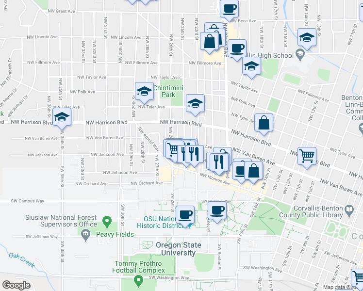 map of restaurants, bars, coffee shops, grocery stores, and more near 2510 Northwest Van Buren Avenue in Corvallis