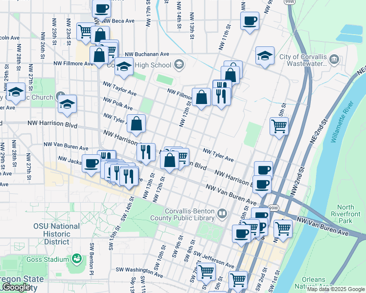 map of restaurants, bars, coffee shops, grocery stores, and more near 502 Northwest 12th Street in Corvallis