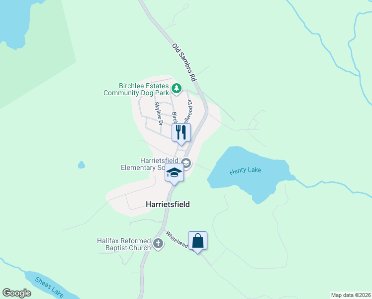 map of restaurants, bars, coffee shops, grocery stores, and more near 1117 Old Sambro Road in Harrietsfield