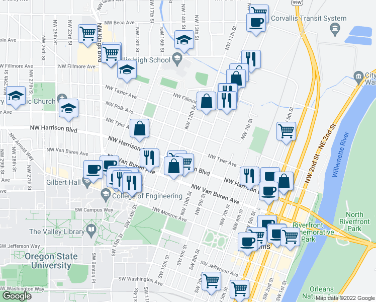 map of restaurants, bars, coffee shops, grocery stores, and more near 440 Northwest 11th Street in Corvallis