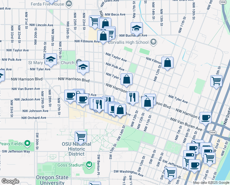 map of restaurants, bars, coffee shops, grocery stores, and more near 1661 Northwest Harrison Boulevard in Corvallis