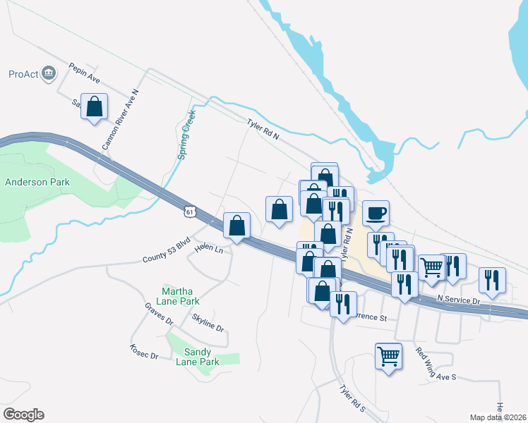 map of restaurants, bars, coffee shops, grocery stores, and more near 162 Sargent Drive in Red Wing