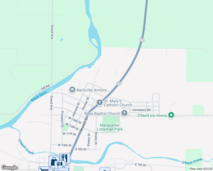 map of restaurants, bars, coffee shops, grocery stores, and more near 113 21st Street in Neillsville
