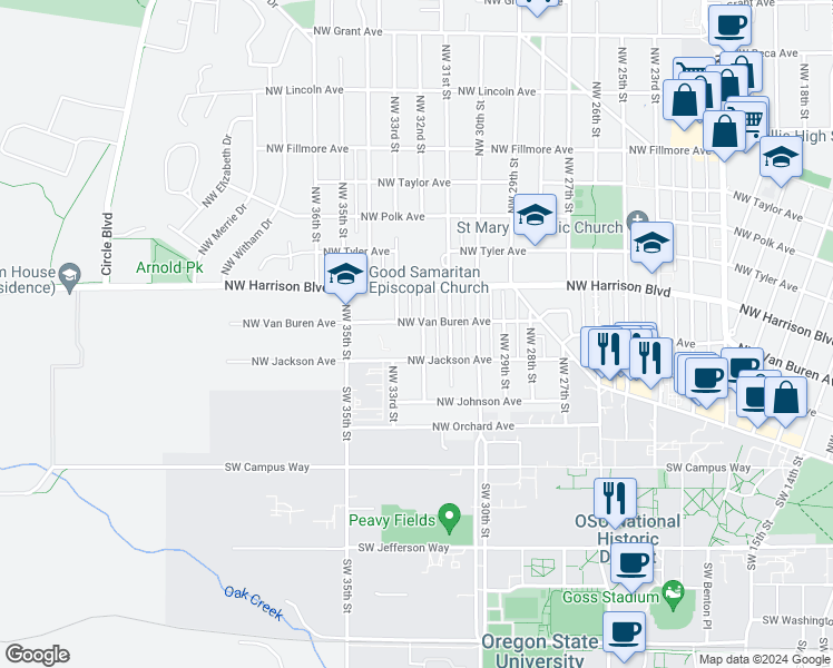 map of restaurants, bars, coffee shops, grocery stores, and more near 234 Northwest 32nd Street in Corvallis