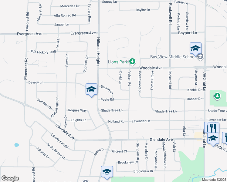 map of restaurants, bars, coffee shops, grocery stores, and more near 2950 Devroy Lane in Green Bay