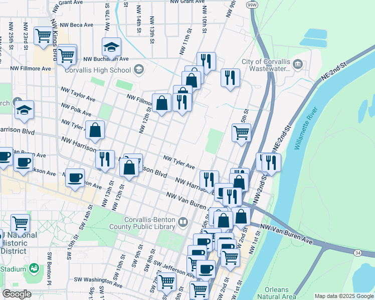 map of restaurants, bars, coffee shops, grocery stores, and more near 850 Northwest Polk Avenue in Corvallis
