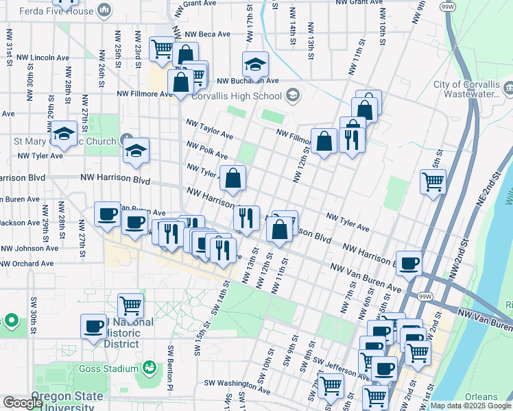 map of restaurants, bars, coffee shops, grocery stores, and more near 443 Northwest 14th Street in Corvallis
