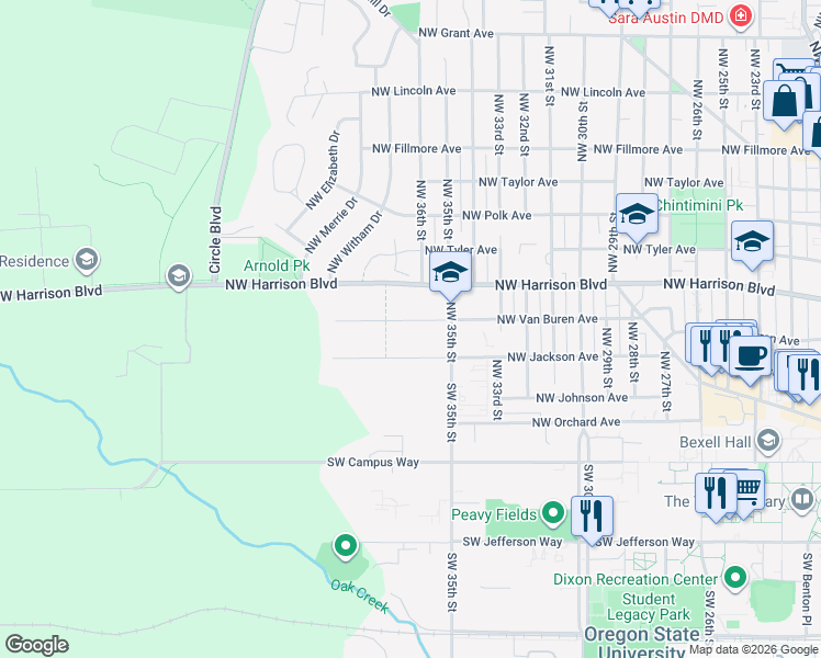 map of restaurants, bars, coffee shops, grocery stores, and more near in Corvallis