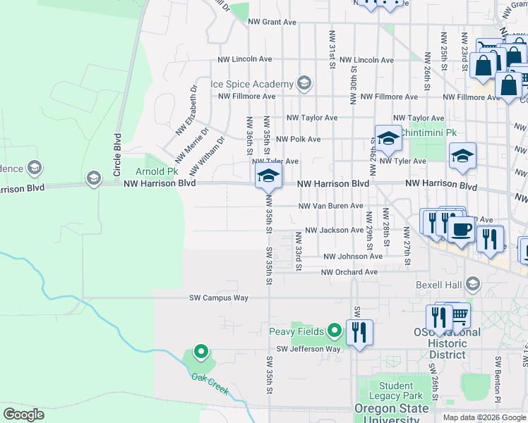 map of restaurants, bars, coffee shops, grocery stores, and more near 333 Northwest 35th Street in Corvallis