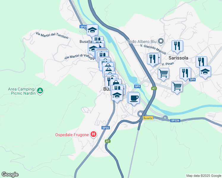 map of restaurants, bars, coffee shops, grocery stores, and more near in Busalla