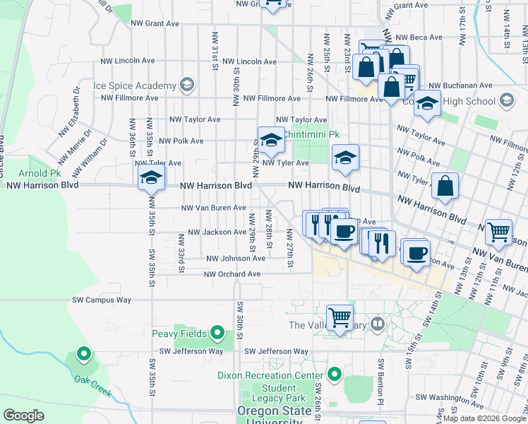 map of restaurants, bars, coffee shops, grocery stores, and more near 2857 Northwest Van Buren Avenue in Corvallis