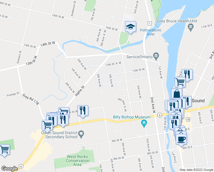 map of restaurants, bars, coffee shops, grocery stores, and more near 541 12th Street West in Owen Sound