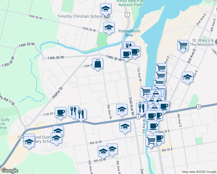 map of restaurants, bars, coffee shops, grocery stores, and more near 1198 4th Avenue West in Owen Sound